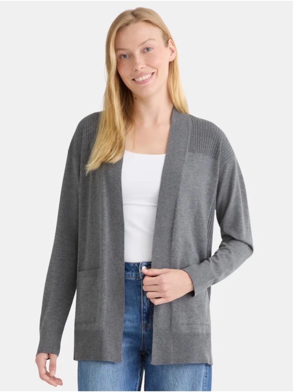 Time and Tru Dark Gray Open-Front Rib-Shoulder Cardigan size L